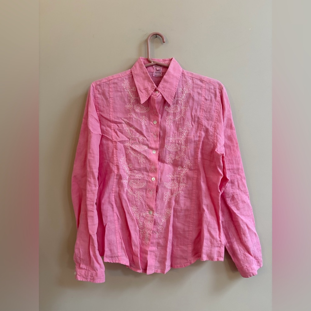 Hartford Pink Paisley Embroidered Linen Long Sleeve Western Button Up Shirt Top